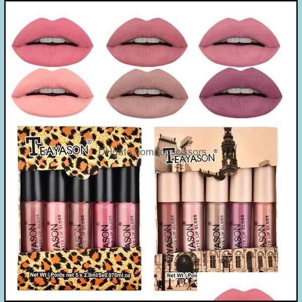 Lip Gloss Teayason 5pcs nackt matte fl￼ssige Lippenstift Set sexy rote Veet Lipgloss wasserdichte langlebige Make -up -Lippen Tint Kosmetik Bea dhpza