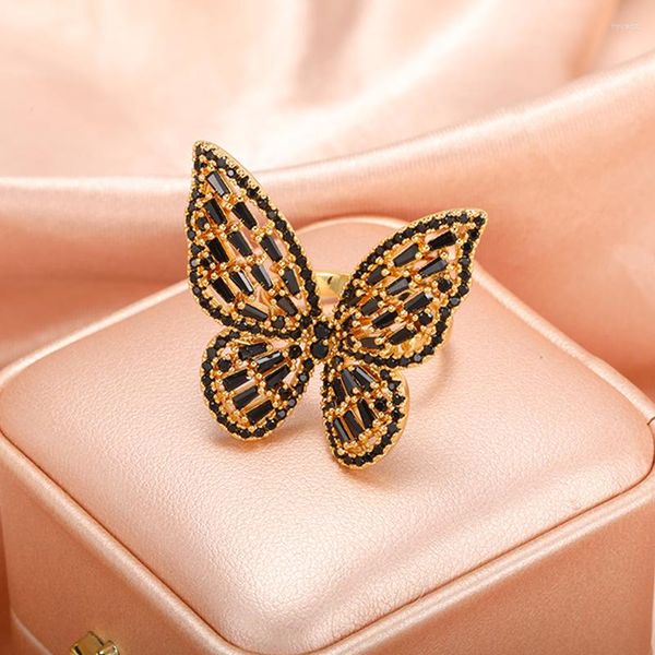 Hochzeitsringe glänzender Zirkon großer Schmetterlingsring Öffnen übertriebener Knöchel für Frauen Luxus schwarzer Kristallfinger Schmuck BFF