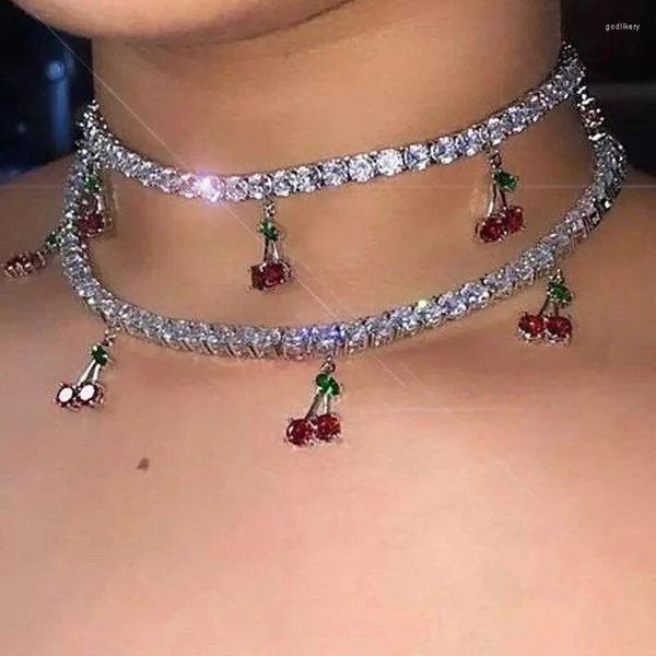 Choker Charm Kristall Kirsche Anhänger Halskette für Frauen Statement Strass Kragen Mädchen Modeschmuck