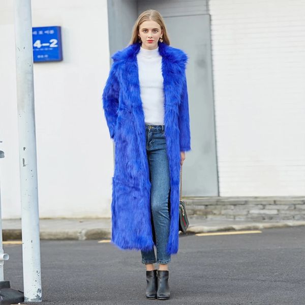 Winter Women High Street Luxury Long Faux Fur Coat Lady Lady Vintage Slim Red Pink Coats Jaqueta Blue feminina