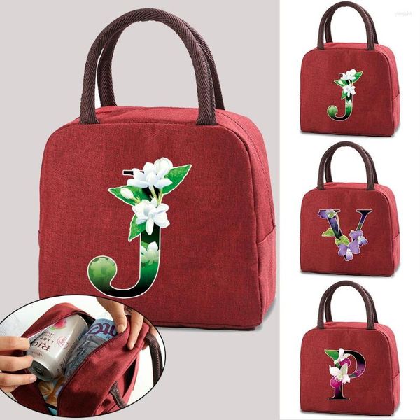 Borsoni Borsa da pranzo Borsa da picnic isolata Custodia termica portatile Bento 26 Contenitore per alimenti con stampa di lettere a colori di fiori