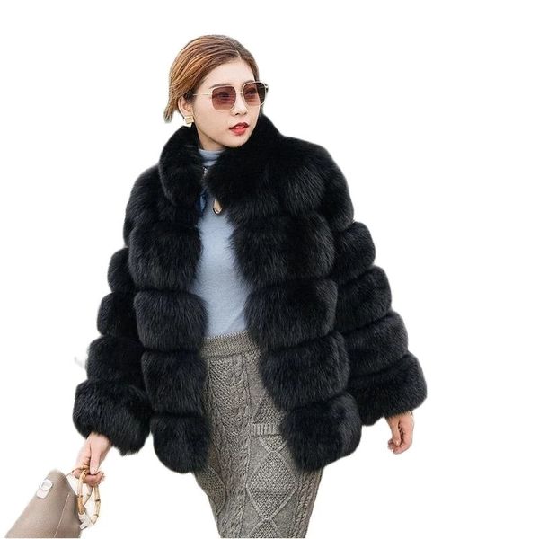 Зимнее толстое теплое пальто с мехом, женское роскошное пушистое пальто из искусственного лисьего меха, женская куртка с воротником-стойкой из искусственного меха, черная верхняя одежда