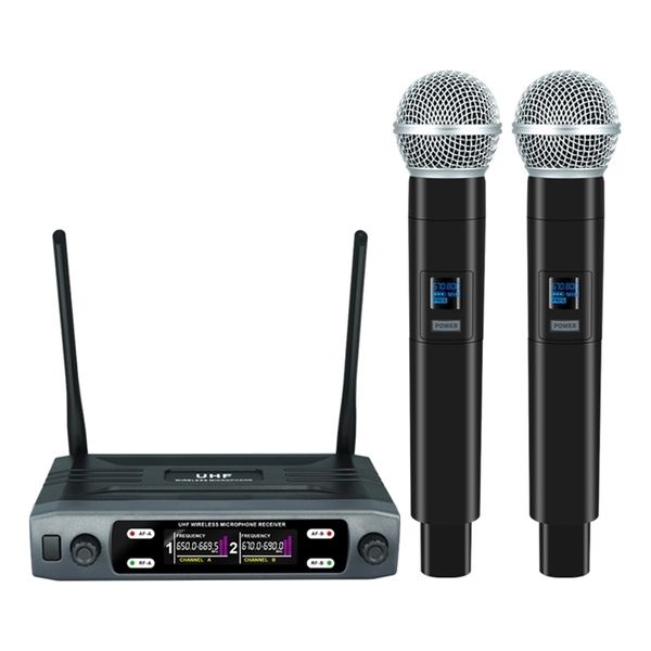 Microfoni Microfono wireless Palmare Doppio canale UHF Microfono dinamico a frequenza fissa per Karaoke Festa di nozze Band Church Show 221028