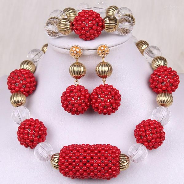 Halskette Ohrringe Set 4Ujewelry Koralle Red African Perlen Acryl Nigerian Hochzeit Gold Dubai Handgemachtes Hochqualität