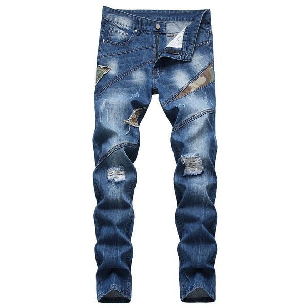 Jeans da uomo con cuciture mimetiche Primavera Autunno Pantaloni sfilacciati blu Pantaloni casual in denim di cotone sottile Taglia 29-42 Pantalones