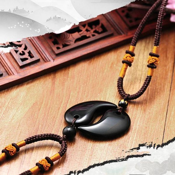 Подвесные ожерелья игра на ожерелье Magatama Magatama Black Color Obsidian/Agate Material с подарком в канатной цепи