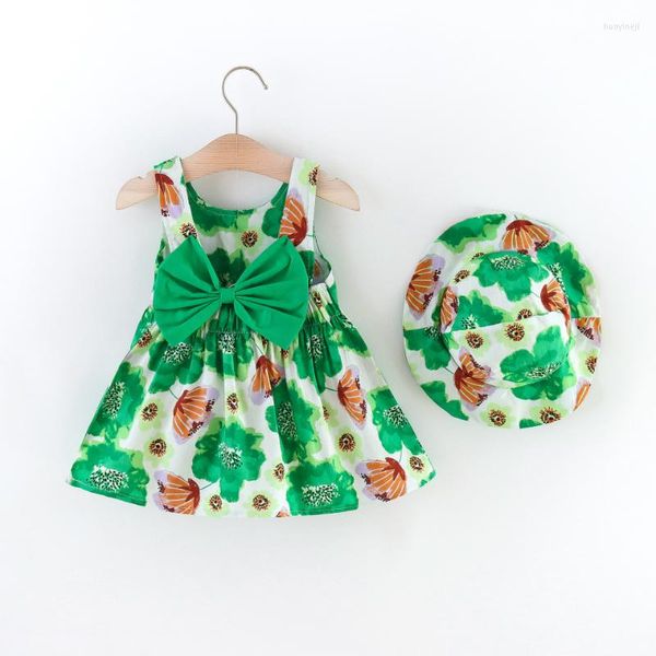 Kız Elbiseler Yaz Bebek Elbise 2022 Büyük Çiçek Sırtsız A-line Yay Kayış Prenses Şapkası 2 Parça Güzel Giysiler 0-18m