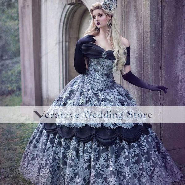 Gotik siyah gelinlik kapalı omuz ortaçağ balo elbisesi Victoria Cadılar Bayramı Kostüm Medival Rönesans Gelin Partisi Elbise