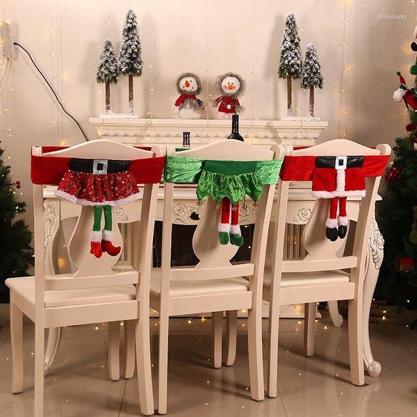 Fodere per sedie Fodera in tessuto natalizio per sala da pranzo Decorazione domestica Cintura da vecchio Elfo verde Gonna ragazza Anno Decor 46 30 cm 1pz