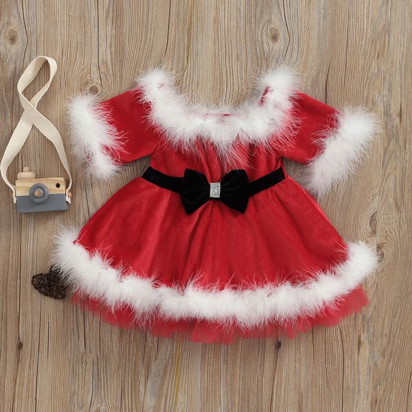 Abiti da ragazza Citgeett Estate Natale Bambini Ragazze Vestito Rosso con spalle scoperte Gonna a maniche lunghe Abiti con orlo in pelliccia bianca 1-7 anni 221028