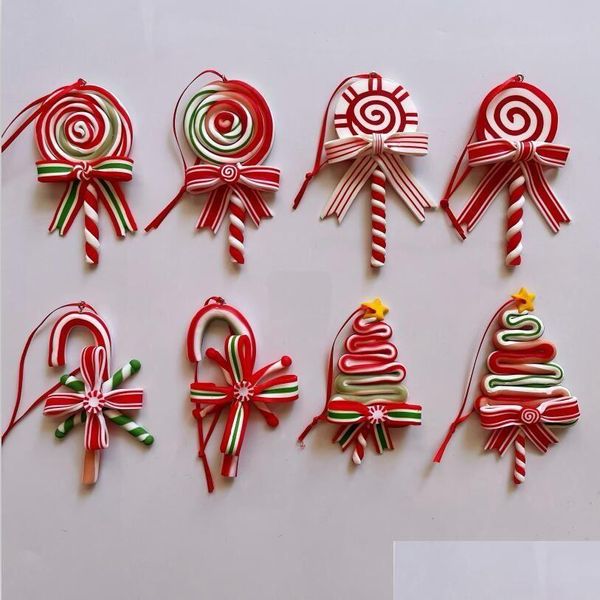 Decorações de Natal DHS Decoração de árvore de Natal Ornamento Simed Soft Clay Lollipop Red Candy Candy Cane Pingents Xmas Home Déco Dhdiu