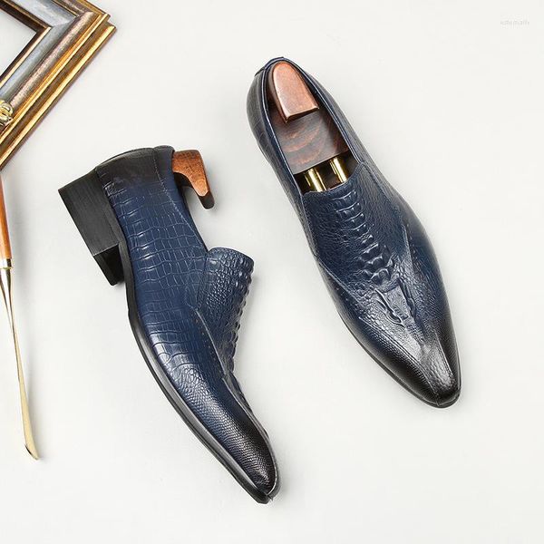 Vestido sapatos azuis negócios formais para masculino luxuosos de crocodilo de couro genuíno deslize em homens mocassões de escritório sem cadarços