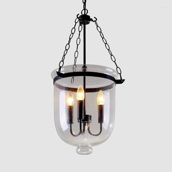 Lâmpadas pendentes American Country Black/Rust Color Clear Glass Foyer Light Retro Dining Room Decoração D250mm/350mm