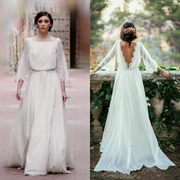 Einzigartige zum Verkauf einer Linie wei￟er r￼ckenfreier Brautbrautkleider Chiffon Spitze 3/4 ￄrmel Batteau Ausschnitt Hochzeitskleider f￼r Braut