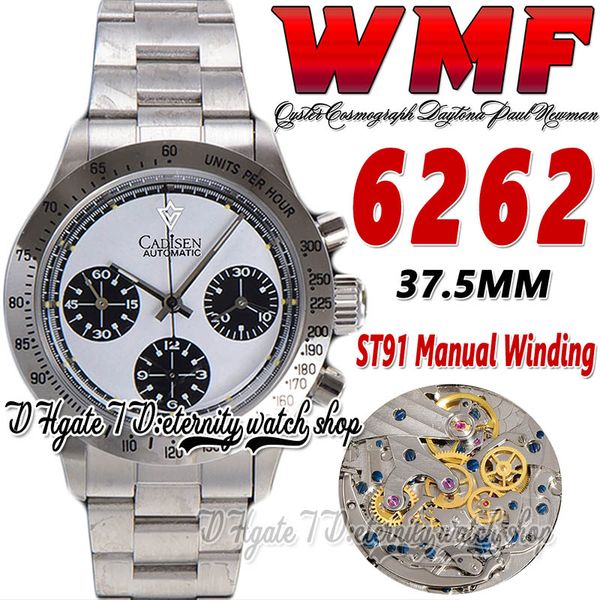 Paul Newman ST91 Cronógrafo Manual do Sinuação Mens Assista WMF WM6262 1967 Rare Vintage Branco Dial Black Subdial Oystersteel Bracelet Super Edition Eternity Relógios H3