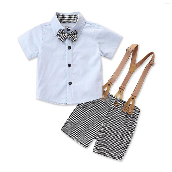 Conjuntos de roupas 2 PCs Infant Houndstooth Roupfits Botão de menino para baixo de manga curta Suspender de camisa de lawknot com bolso com bolso 6m-4t