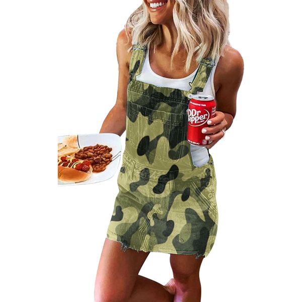 QNPQYX Neue 4 Farben Frauen Sommer Denim Kleid Einfarbig/Camouflage/Flagge Drucken Ärmellose Hosenträger Kleider mit Taschen für Mädchen