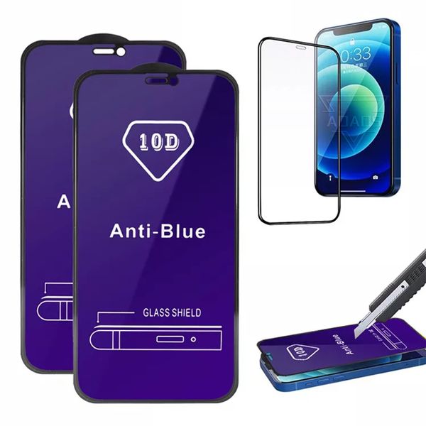 Protetor de tela anti azul 10D para iphone15 14 Pro 13 12 11 xs max 8 plus vidro temperado