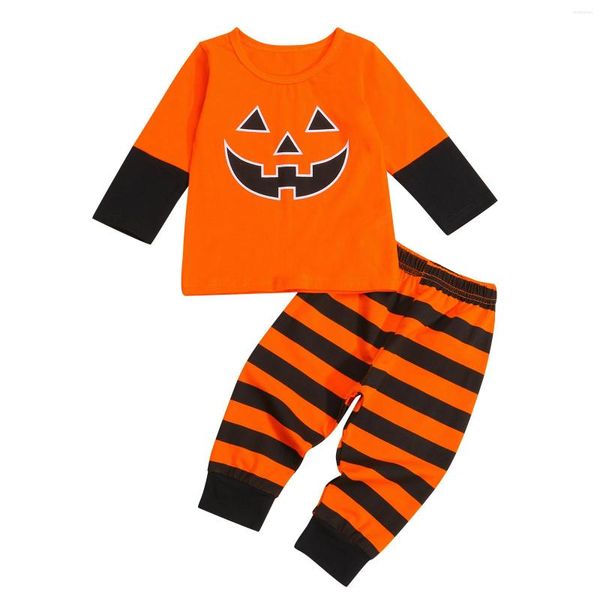 Roupas conjuntos de roupas para criança 2pcs roupas de halloween smile smile abóbora tampos de manga longa de calças listradas 1-5t