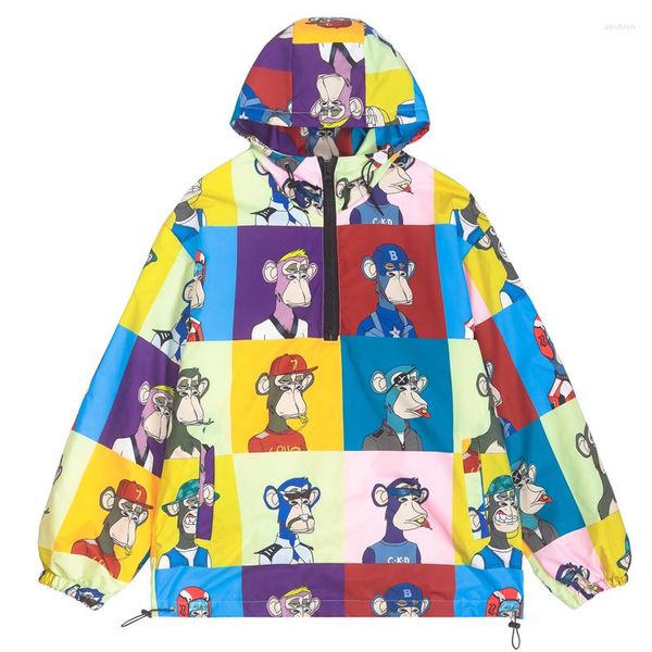 Damen Daunen-Winterjacke für Herren und Damen, Streetwear, dick, Cartoon-Anime-Druck, lockerer karierter Mantel, warm zu halten, winddicht, übergroß