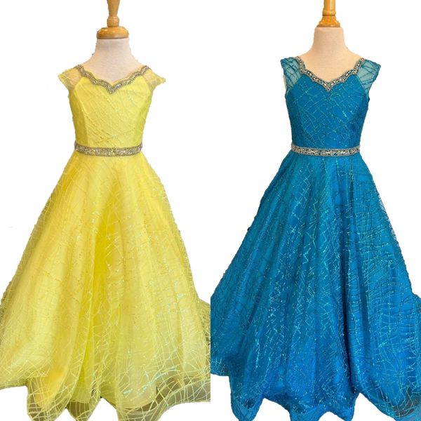 Paillettes Little Girl Pageant Dress 2023 A-Line Scollo a V Little Kids Birthday Formal Party Gown Toddler Adolescenti Preteens Young Miss Tiny Bright Yellow Teal Perline Fusciacca