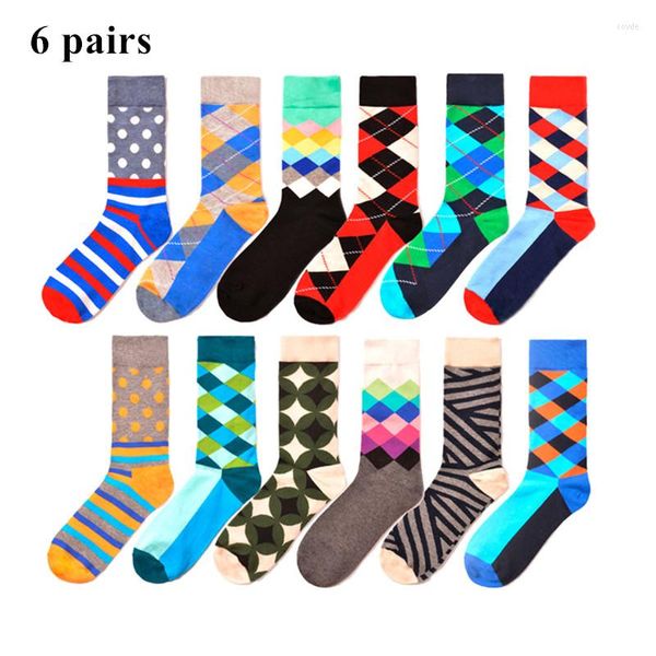 Meias Masculinas 6 Pares Coloridos Happy Men Dots Pattern Funky Harajuku Novidade Vestido Designer Marca Skate Hip Hop Presente Rua