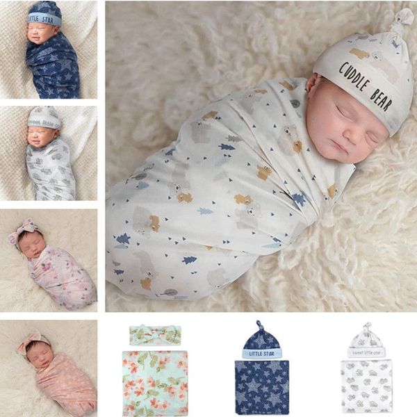 Säugling Baby Cartoon Blumen Swaddle Wrap Decke Wickel Decken Kindergartenbettbettbetten eingewickeltes Tuch mit Stirnband oder Hut 2PCs/Set