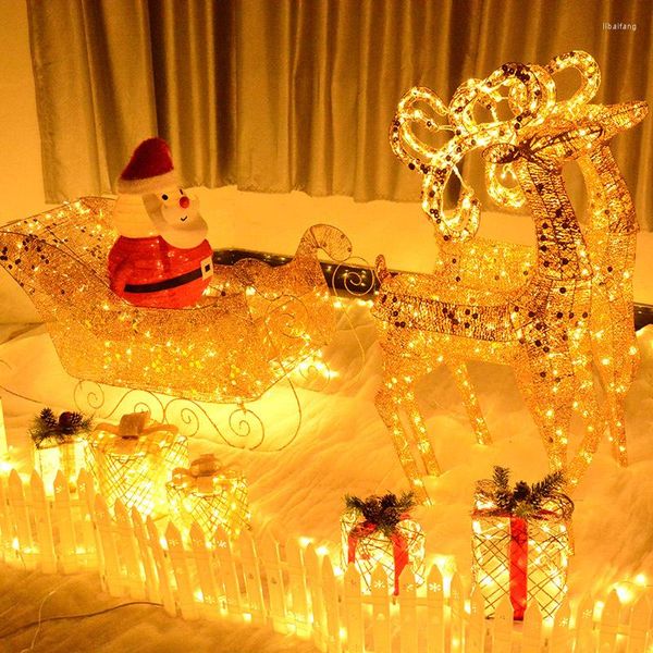 Decorazioni natalizie 120 cm Ornamento Cervo dorato Carrello Alce Luci a LED Albero Arte del ferro Slitta Anno luminoso Decorazione