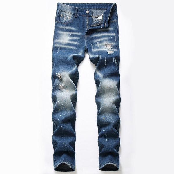 Jeans con foro strappato slim fit casual Blu scuro Pantaloni da uomo Splash Ink moda Primavera Estate Denim Streetwear Taglia 29-42 Pantalones