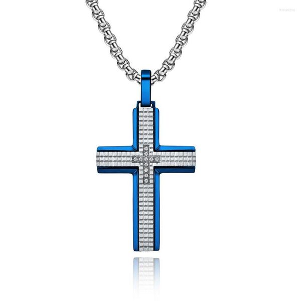 Anhänger Halsketten Künstlerischer Schmuck Großhandel Gravieren CNC Intarsien Zirkon Edelstahl Blaue Schicht Plaid Männer Kreuz Halskette