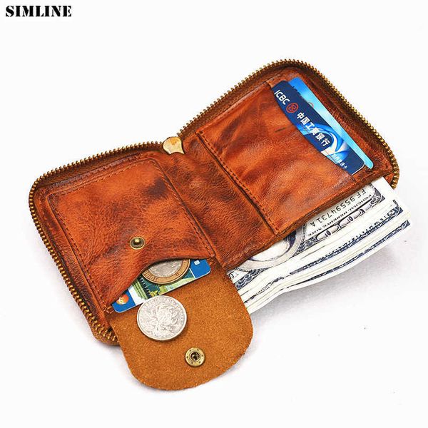 Carteira de couro genuíno para mulheres homens vintage artesanal curto pequeno bifold zíper bolsa feminina masculina com bolso de moeda 221030