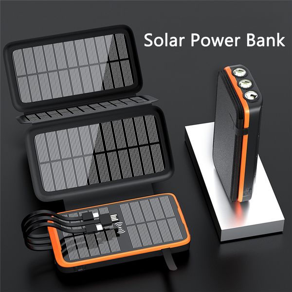 PD20W Carregamento rápido Banco de energia solar 43800mAh 10W Qi Carregador sem fio com cabo Luz de acampamento Poverbank Powerbank à prova d'água