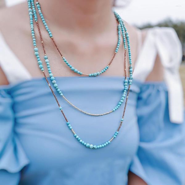 Anhänger-Halsketten, handgefertigt, natürlicher türkisfarbener Kristall, Perlenstrang, Schicht-Statement-Halskette, Schmuck für Frauen