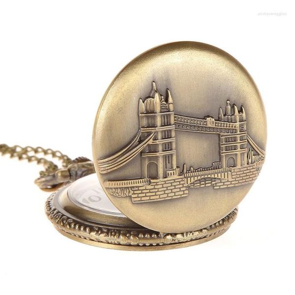 Pocket Watches Bronze Retro Retro Vintage London Bridge Releved Quartz Watch Analog Pingente Colar Mens Womens Presentes Reloj Montre