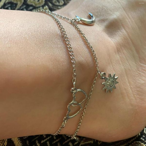 Cavigliere Moda catena d'argento doppio cuore luna sole per le donne bracciali estate sandali a piedi nudi gioielli di design cavigliera