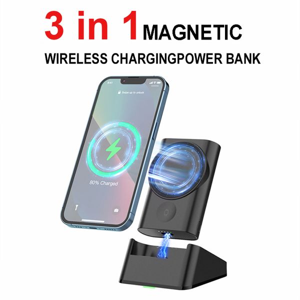 5200mAh Banca di potere magnetica 3 in 1 Batteria esterna wireless Powerbank per Iphone 12 13Pro Caricatore portatile Apple Watch 7 SE 6 5
