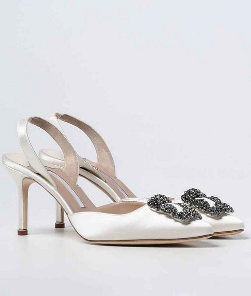 Zarif Markalar Saten Sandalet Shes Kadın Slingbacks Parlak Saten Kristal Mücevherler Toka Yüksek Stiletto Topuk Lady Düğün Elbise Yürüyüş