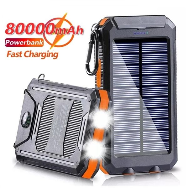 Banco de potência solar 20000mah, bateria externa à prova d'água, carregamento portátil com luz led para xiaomi iphone 12 13 mini