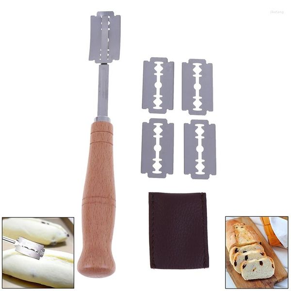 Utensili da forno 5 lame Pane Bakers Lame Slashing Tool Pasta per fare Cutter Manico in legno Set Baking Sour Jar Scoring Knife Rasoio