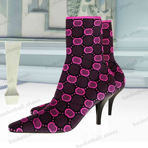 24ss designer feminino meias de malha botas de tornozelo salto alto dedos curtos pequena bota nua pontiaguda meias tamanho 35-41