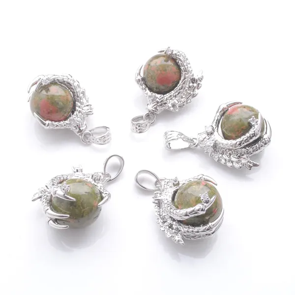 Pedra natural unakite jasper pingentes bola redonda grânulo dragão garra cristal reiki chakra feminino balançar pingente presente n3108