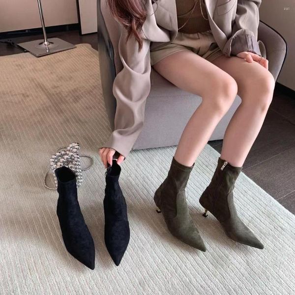 Ботинки Flock Women Sock Angle Booties Сторона молния черная зеленая мода зимняя осень Botas Party Short Woman Размер 35-39