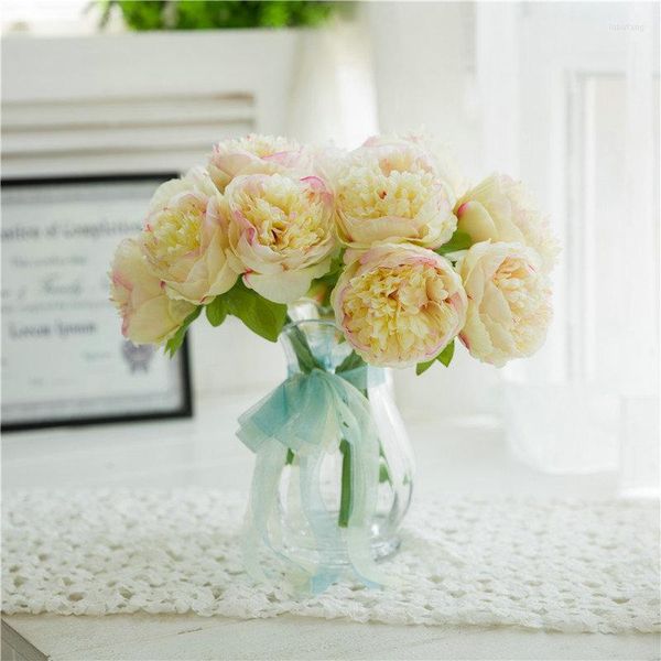 Flores decorativas 5 cabeças Simulação Peony European Royal Hand amarrado Noiva Hold Bouquet Home Decoration Flower Wholesale