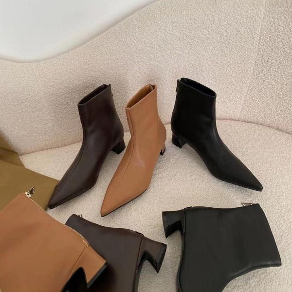 Stivali Punta a punta Caviglia da donna Nero Marrone Cachi Tacchi medi spessi Cerniera posteriore 2022 Arrivi Inverno Scarpe eleganti da festa Donna