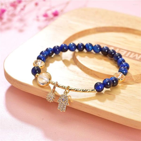 Link Armbänder Blauer Tigerauge Buddha Naturstein Runde Perlen Elastizität Seil Frauen Armreif Yoga Schmuck Anhänger Kette 7,5 Zoll Y993