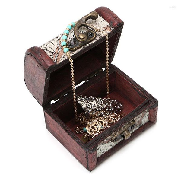 Bolsas de joias 1pcs mapa de madeira vintage caixa de armazenamento de travamento de metal puxíveis capa torácica