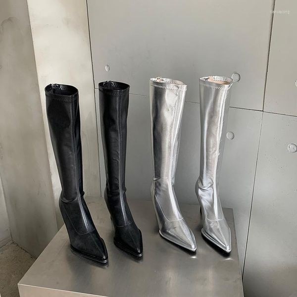 Botas Black Silver Women Knee Knee High Poened Sock Shoes Stretch Saltos finos bombas de festa da moda