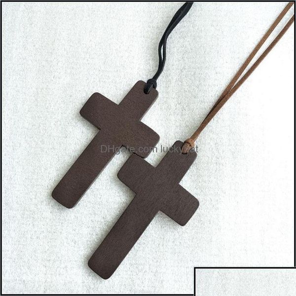 Anhänger Halsketten Anhänger Halsketten Anhänger Schmuck Neues einfaches Holzkreuz für Frauen Holzkruzifix mit schwarzbraunem Schnurseil Lo Otgtp