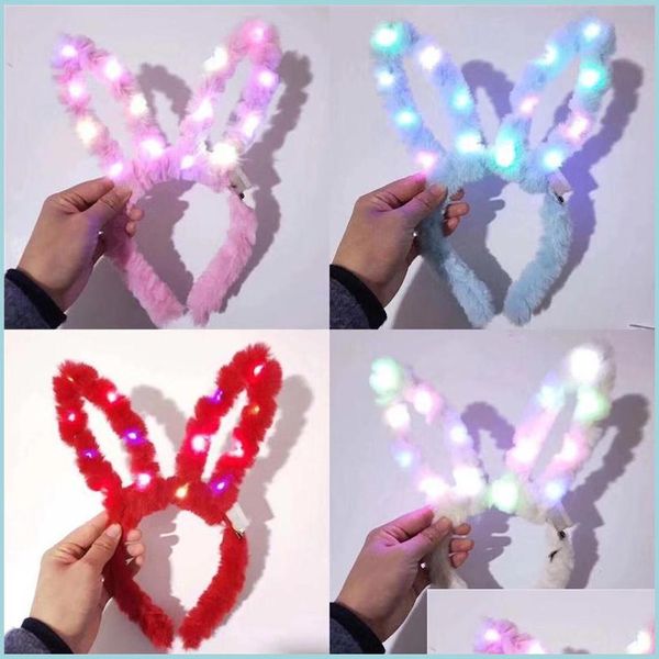 Fascia per capelli Orecchie di coniglio peluche luminose Led Fascia per bambini Performance di Natale Compleanno Cosplay Party Bunny Hair Accessorie Dhh7K