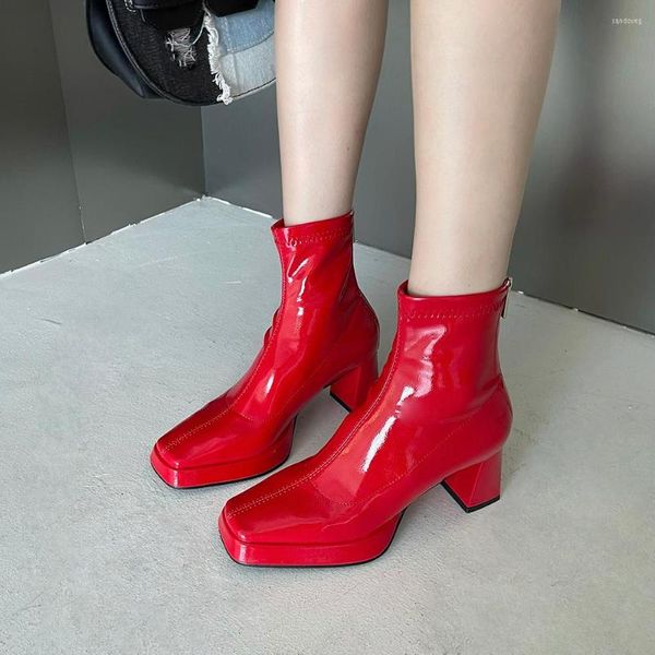 Stiefel Square Toe Frauen Knöchel Schwarz Weiß Rot Silber Stretch Schuhe 2022 Ankünfte Zurück Reißverschluss Dicke High Heels Plattform